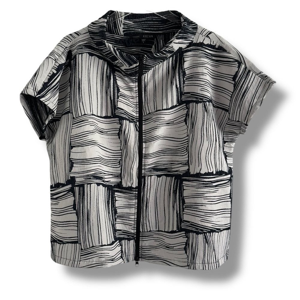 KOZAN LOVE LAUNCH Ice Hepburn Jacket black white geometric design SHIRT SZ L - Picture 2 of 5
